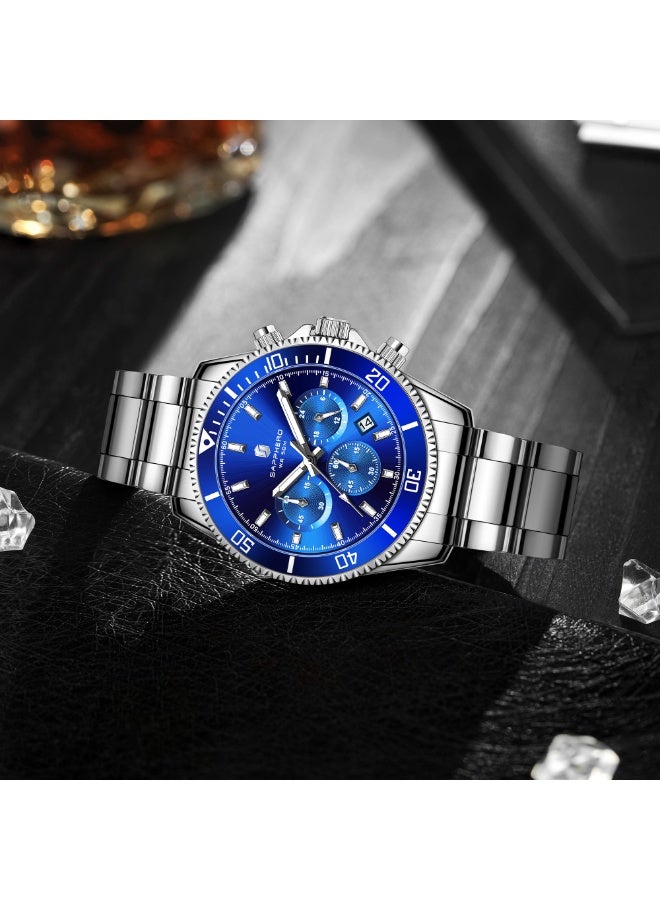 سافيرو ساعة سابفيرو كرونوغراف رجالية من الفولاذ المقاوم للصدأ، مقاومة للماء حتى عمق 50 مترًا، ساعة كوارتز تناظرية مع عرض التاريخ، ساعة كلاسيكية فاخرة وأنيقة، هدية مثالية للرجال. - Image 5